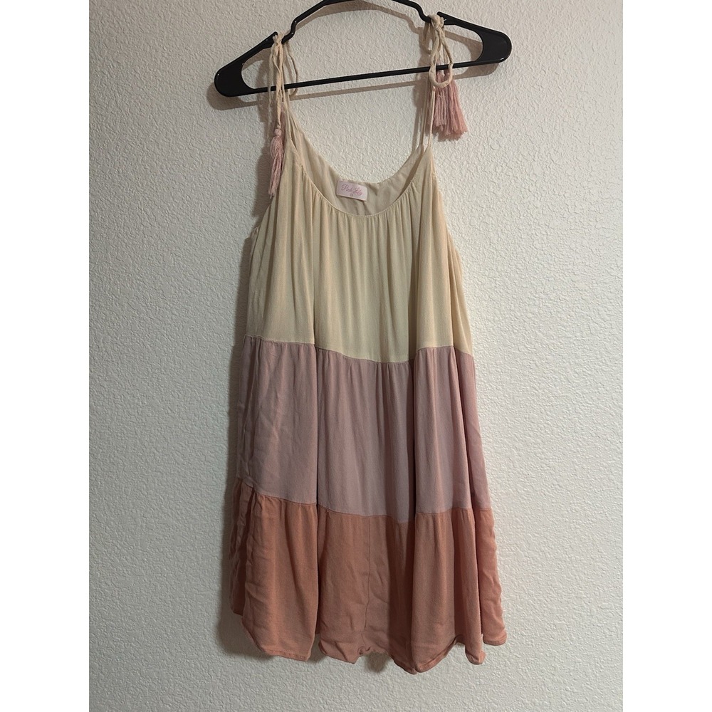Pink Lily Colorblock Tassel Strap‎ Babydoll Tank Dress XS Boho Tiered Ombré